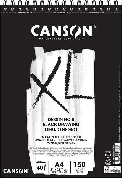 Canson XL Black Bloc de 40 Hojas A4 150g - Grano Fino - Espiral Microperforado - Color Negro