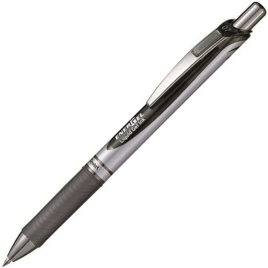 Pentel Energel Boligrafo de Bola Retractil - Punta 0.7mm - Trazo 0.35mm - Tinta Gel - Recargable - Grip de Agarre - Clip de Metal - 50% de Materiales Reciclados - Color Negro - Cantidad: 12
