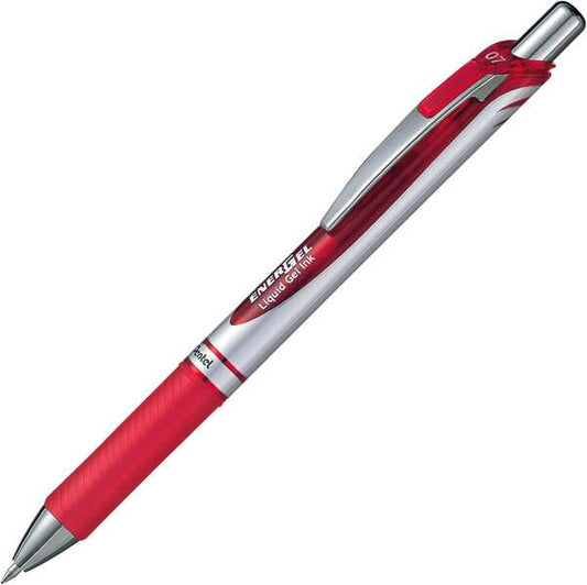 Pentel Energel Boligrafo de Bola Retractil Tinta Gel - Punta 0.7mm - Trazo 0.35mm - Recargable - Grip de Agarre - Clip de Metal - 54% de Materiales Reciclados - Color Rojo - Cantidad: 12
