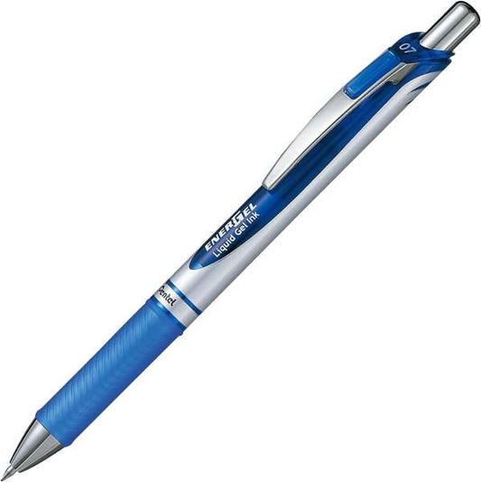 Pentel Energel Boligrafo de Bola Retractil - Punta 0.7mm - Trazo 0.35mm - Tinta Gel - Recargable - Grip de Agarre - Clip de Metal - 50% de Materiales Reciclados - Color Azul - Cantidad: 12
