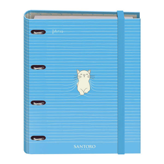 Dohe Santoro Felines Carpeta de 4 Anillas Formato A4 con Recambio de 100 Hojas - 4 Separadores de Colores - Cierre con Goma Elastica - Anillas de 35mm