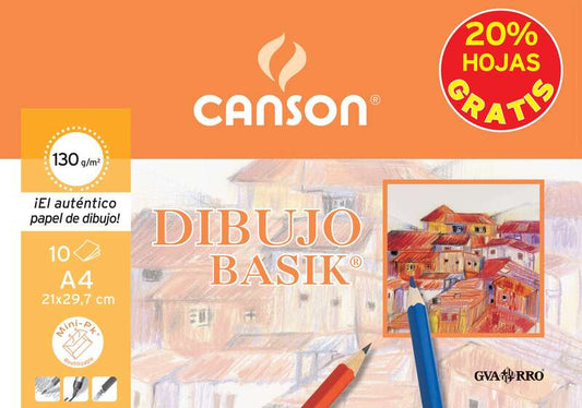 Canson Minipack de 10 Hojas de Dibujo Basik Liso 21x29.7 130g - 20% Hojas Gratis - Color Blanco