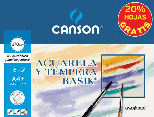Canson Minipack de 6 Hojas Acuarela Basik 24x32 370g - 20% Hojas Gratis - Color Blanco