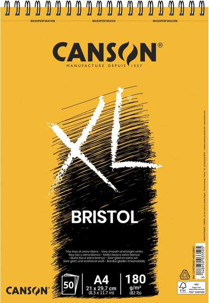 Canson Bloc XL Bristol Extraliso A4 de 50 Hojas 180gr - Acabado Satinado - Muy Resistente - Color Blanco