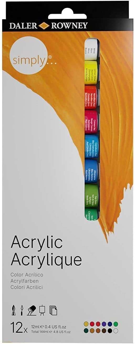 Daler Rowney Simply Pack de 12 Pinturas Acrilicas 12ml - Secado Rapido - Optima Cobertura - Mezclables - Colores Surtidos