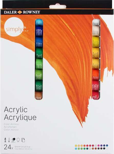 Daler Rowney Simply Pack de 24 Pinturas Acrilicas 12ml - Secado Rapido - Optima Cobertura - Mezclables - Colores Surtidos