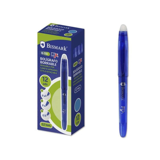 Bismark Fix Boligrafo Borrable - Punta Fina 0.7mm - Con Capuchon - Color Azul - Cantidad: 12