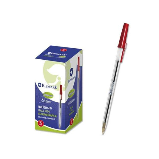 Bismark Boligrafo de Bola - Punta Redonda - Capuchon y Tapon del Color de la Tinta - Color Rojo - Cantidad: 50