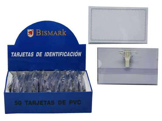 Bismark Portanombres con Pinza y Alfiler - Medidas 9,5x5,7cm - Uñero para Facil Intercambio de las Etiquetas - Transparente - Cantidad: 50