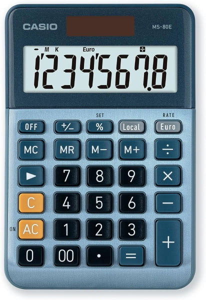 Casio MS80E Calculadora de Escritorio 8 Digitos - Tecla Doble Cero - Simbolos de Comando de Funcion - Calculo Avanzado de Porcentaje - Alimentacion Solar y Pilas - Color Azul