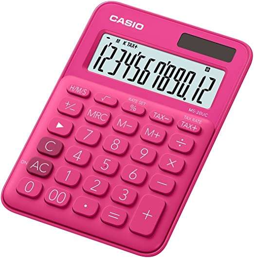 Casio MS-7UC Calculadora de Escritorio 10 Digitos - Tecla Doble Cero - Marcadores de Coma de 3 Digitos - Pulsacion de Teclas Simultanea - Alimentacion Solar y Pilas - Color Fucsia