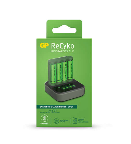 GP ReCyko B421 Dock Pack de Cargador Everyday USB 4 Espacios + Base de Carga + 4 Pilas Recargables 2100mAh AA