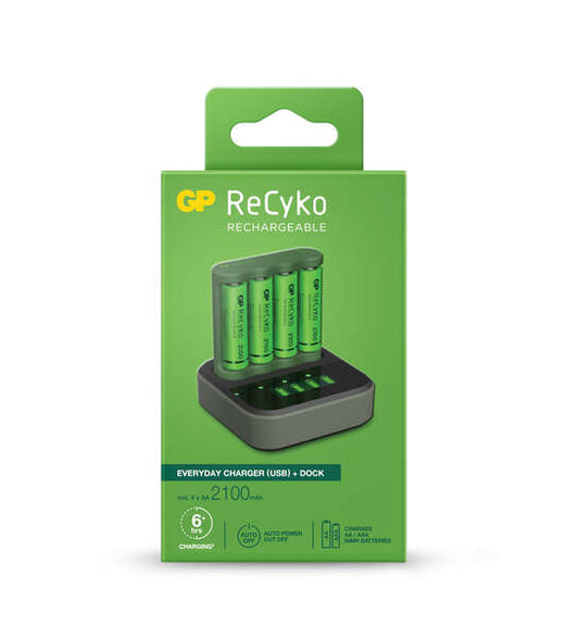 GP ReCyko B421 Dock Pack de Cargador Everyday USB 4 Espacios + Base de Carga + 4 Pilas Recargables 2100mAh AA
