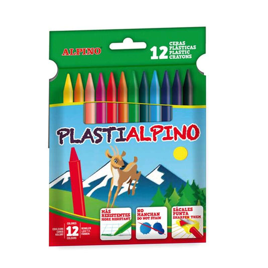 Alpino Pack de 12 Ceras PlastiAlpino para Niños - Material Resistente - No Manchan - Colores Brillan