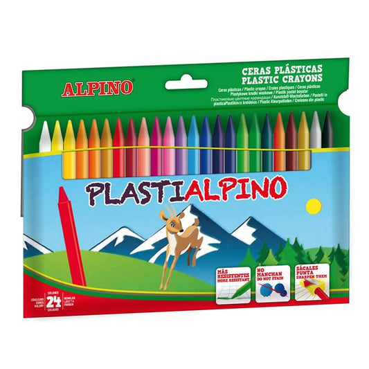 Alpino Pack de 24 Ceras PlastiAlpino para Niños - Material Resistente y No Mancha - Colores Brillant