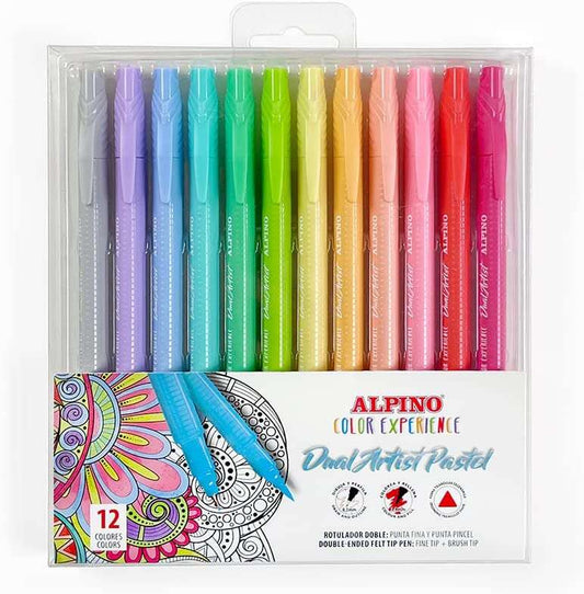 Alpino Color Experience Pack de 12 Rotuladores Pastel Doble Punta - Forma Triangular Ergonomica - Puntas Fine Liner de 0.7mm y Pincel de 2.9mm - Colores Surtidos