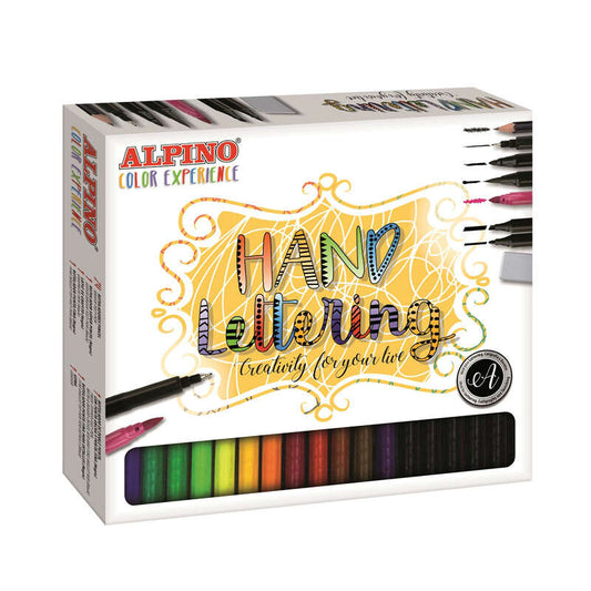 Alpino Color Experience Pack de 24 Rotuladores Hand Lettering + 1 Rotulador Punta Super Pincel, 1 Rotulador Punta Fina, 1 Rotulador Doble Punta, 1 Lapiz de Grafito y 1 Goma - Colores Surtidos