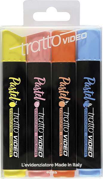 Tratto Video Pastel Pack de 4 Marcadores Fluorescentes - Punta Biselada - Tinta al Agua - Secado Rapido - Colores Surtidos