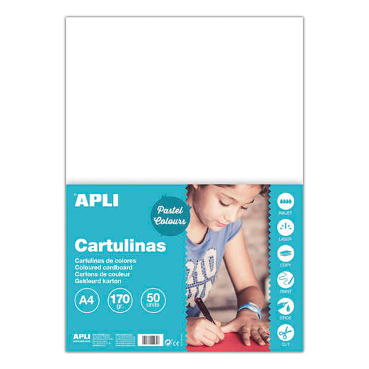 Apli Pack de 50 Cartulinas A4 170g - Libre de Acidos - Aptas para Uso Escolar - Color Blanco