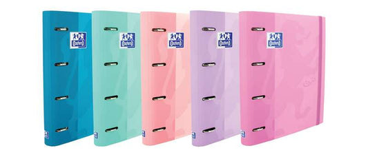 Oxford Europeanbinder Touch Carpeta de 4 Anillas Formato A4+ con Recambio Cuadriculado 5x5mm y 4 Taladros - Tapa Tacto Suave - Cierre con Goma Elastica - Colores Surtidos Pastel - Cantidad: 10