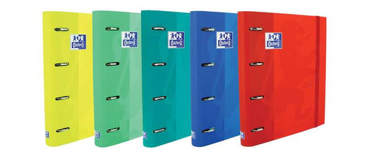 Oxford Europeanbinder Touch Carpeta de 4 Anillas Formato A4+ con Recambio Cuadriculado 5x5mm y 4 Taladros - Tapa Tacto Suave - Cierre con Goma Elastica - Colores Surtidos - Cantidad: 10