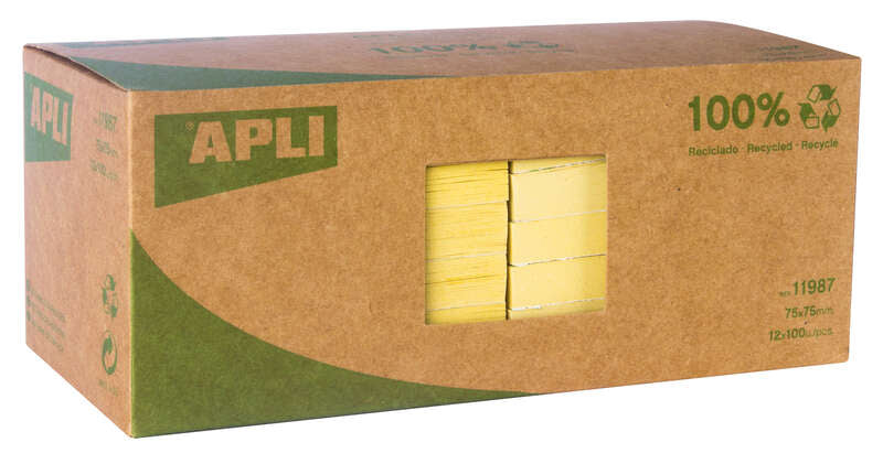 Apli Notas Adhesivas Recicladas Classic 75x75 - 12 Blocs de 100 Hojas - Adhesivo de Calidad - Papel Reciclado - Amarillo