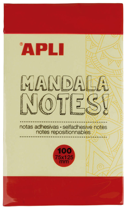 Apli Notas Adhesivas Mandala 125x75mm - 100 Hojas - Diseño Mandala - Adhesivo de Calidad - Amarillo