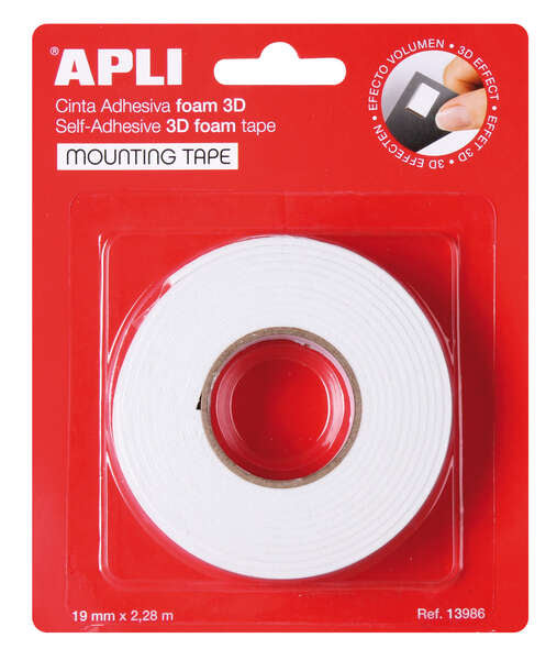 Apli Cinta Adhesiva Doble Cara Foam 3D 19mm x 228m - Adhesion Fuerte y Duradera - Ideal para Manualidades y Decoracion - Color Blanco