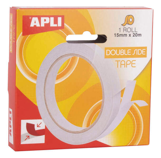 Apli Cinta Adhesiva Doble Cara 15mm x 20m - Facil de Cortar y Aplicar - Adhesion Fuerte y Duradera - Transparente Transparente
