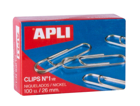 Apli Clips Alambre Nº 1½ (26mm) - Acabado Niquel Brillante - Alta Resistencia a la Oxidacion - Caja con 100 Clips