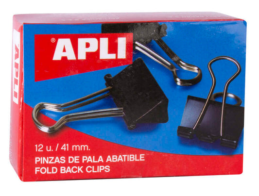 Apli Caja de 12 Pinzas Abatibles 20x41mm - Sujecion hasta 170 Hojas - Clips de Acero Templado en Negro - Asas en Niquel