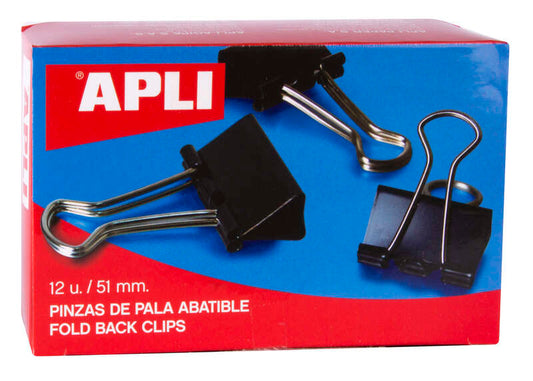 Apli Pinzas Abatibles 30x51mm - Acero Templado Negro - Asas Niquel - 12 Unidades - Sujecion Hasta 220 Hojas