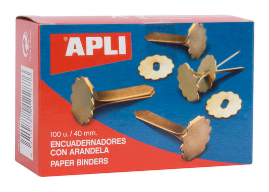 Apli Encuadernadores Metalicos con Arandela - 40mm - Caja de 100 - Aptos para Todo Tipo de Documentos - Incluyen Arandela para Embellecer y Evitar Rozaduras