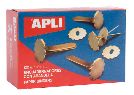 Apli Encuadernadores Metalicos con Arandela - 50mm - Incluyen Arandela para Embellecer y Evitar Rozaduras - Caja de 100 Unidades