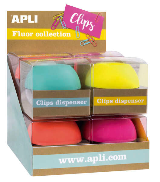Apli Fluor Collection Expositor de Clips - Ø 70x60 mm - 8 Dispensadores en 4 Colores - Tapa Magnetica "Soft Touch" - Incluye 50 Clips