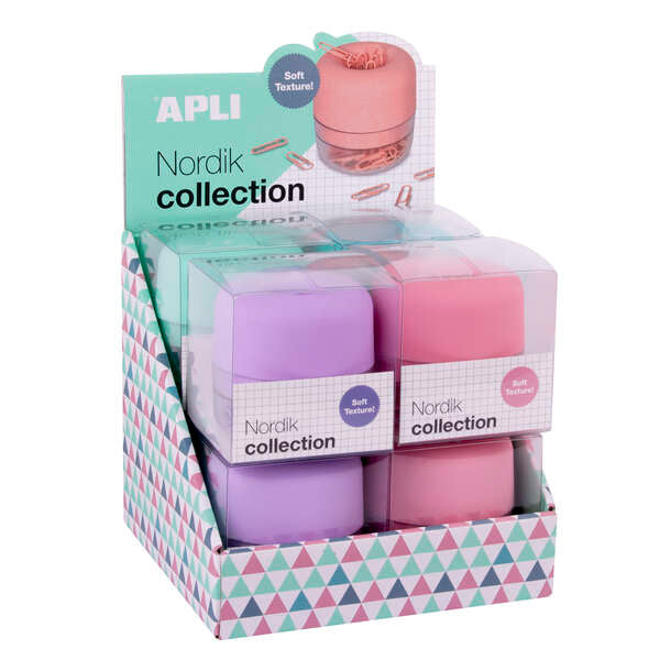 Apli Nordik Collection Expositor de Clips - Ø72x72mm - 8 Dispensadores en 4 Colores Pastel - Tapa Magnetica "Soft Touch" y Textura Silicona - Incluye 50 Clips de 28mm