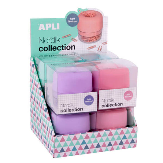 Apli Nordik Collection Expositor de Clips - Ø72x72mm - 8 Dispensadores en 4 Colores Pastel - Tapa Magnetica "Soft Touch" y Textura Silicona - Incluye 50 Clips de 28mm