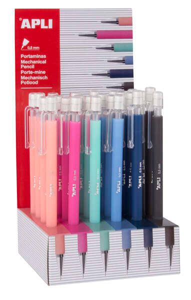 Apli Expositor Portaminas Soft Nordik 0.5mm - Colores Salmon, Rosa, Turquesa, Azul, Azul Marino y Negro - Capuchon con Tapon Transparente y Goma de Borrar - Colores Surtidos