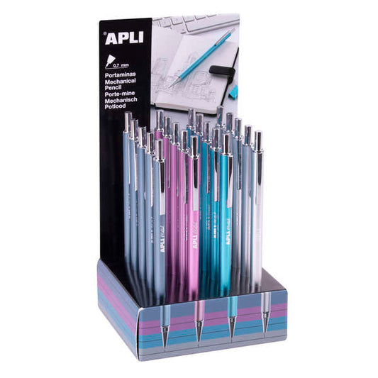 Apli Expositor de 20 Portaminas 0.7mm - Textura Soft - Capuchon y Goma de Borrar - Colores Metalizados Surtidos
