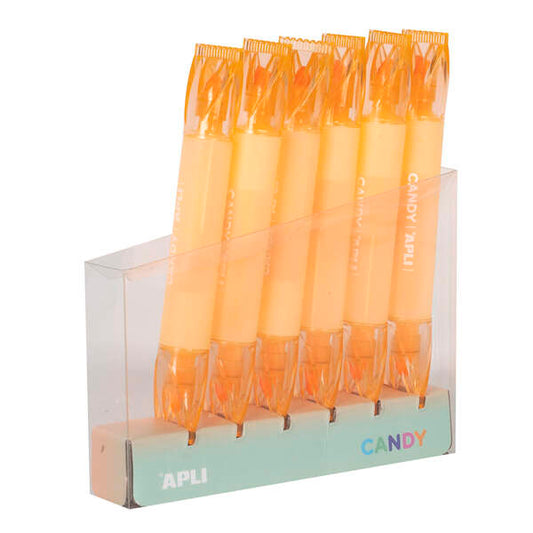Apli Caramelo Pack de 6 Marcadores Doble Punta 5mm Plana y 2mm Redonda - Ideal para Agendas, Libretas y Calendarios - Color Naranja