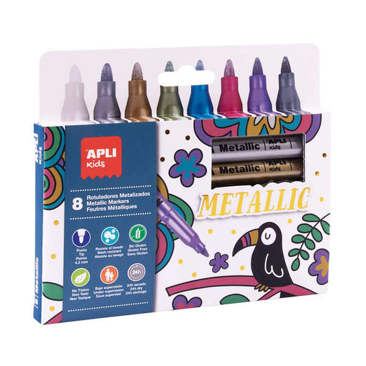 Apli Pack de 8 Rotuladores Metalizados - Cuerpo Redondo y Punta de 4.2mm - Ideal para Decorar en Papel, Carton, Ceramica, Etc - Limpieza Facil - Tinta de Larga Duracion - Colores Surtidos