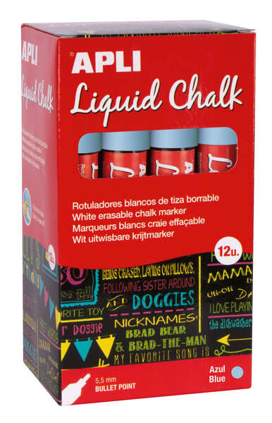 Apli Rotulador de Tiza Liquida Azul - Punta Redonda - Ideal para Pizarras, Plastico, Ventanas, Ceramica, Vinilos, Metal, Etc - Facil de Borrar - Secado Rapido - Uso Sencillo - Base Agua Libre de Toxicos