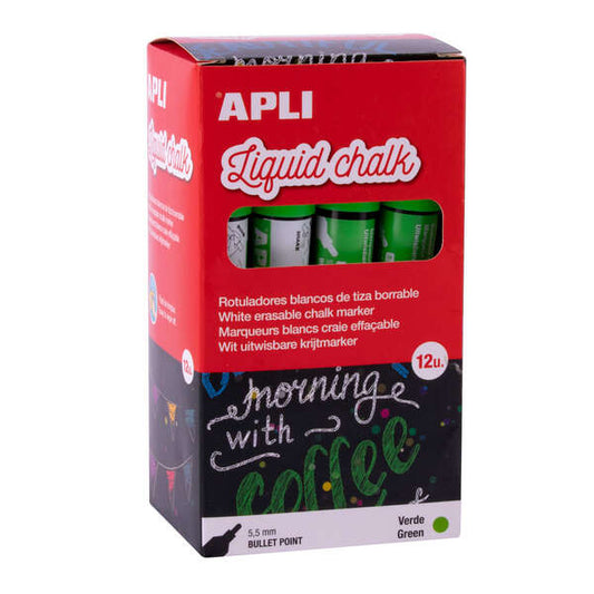Apli Rotulador de Tiza Liquida Verde - Punta Redonda - Ideal para Pizarras, Plastico, Ventanas, Ceramica, Vinilos, Metal, Etc - Facil de Borrar - Secado Rapido - Uso Sencillo - Base Agua Libre de Toxicos