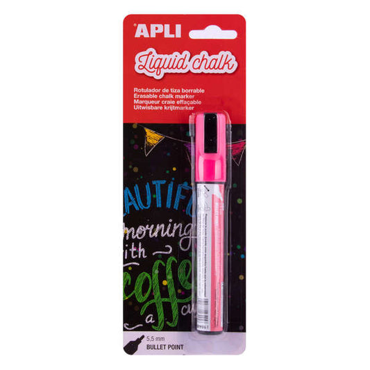 Apli Rotulador de Tiza Liquida Rosa - Punta Redonda de 5.5mm - Ideal para Pizarras, Plastico, Ventanas, Ceramica, Vinilos, Metal, Etc - Facil de Borrar con Paño Humedo - Secado Rapido y Libre de Toxicos