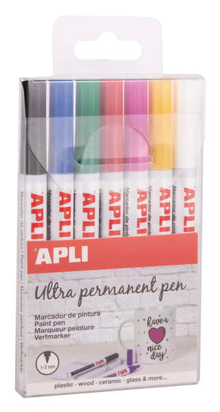 Apli Rotuladores Tinta Permanente Punta Fina - 1-2mm - Pack 7 Colores - Base Aceite - Larga Duracion - Resistente Al Agua - Soporta Hasta 60°C - Multisuperficies
