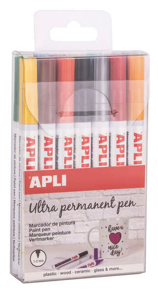 Apli Rotuladores Tinta Permanente Punta Fina - Pack 14 Colores - Base Aceite - Resistente Al Agua - Soporta Hasta 60°C