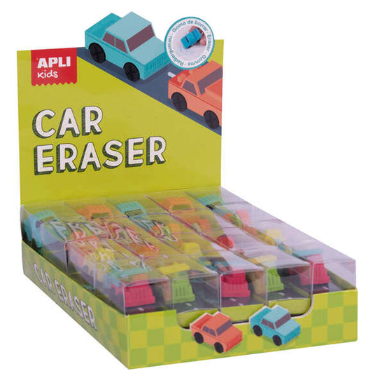 Apli Gomas de Borrar Coche - Expositor con 20 Unidades en 4 Modelos Surtidos - Forma de Coche Que Sirve para Borrar y Jugar - Modelos de Coche, Camion y Dos Excavadoras en Diferentes Colores