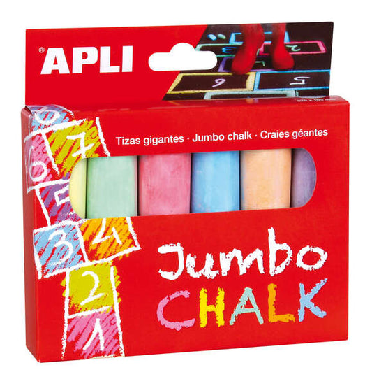 Apli Tizas Redondas Jumbo de Colores Surtidos - Tamaño Ø 25 x 105mm - Fabricadas con Sulfato de Calcio Bajo en Residuo - Ideales para Escribir, Dibujar y Colorear en Pizarras y Pavimentos - Aptas para Uso Escolar