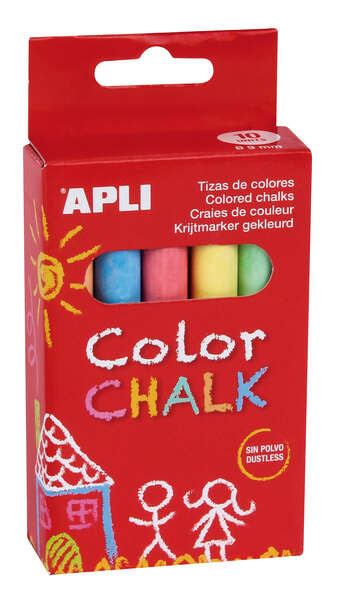 Apli Tizas Redondas de Colores Surtidos - Pack de 10 Tizas de Ø 9 x 80mm - sin Polvo - Ideales para Escribir, Dibujar y Colorear en Pizarras y Pavimentos - Aptas para Uso Escolar