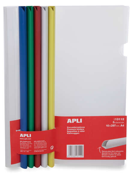 Apli Encuadernadores Deslizantes en Colores Surtidos 10x297mm con Funda Transparente - Ranura para Facil Insercion de Hojas - Pack de 5 con Capacidad de 100 Hojas